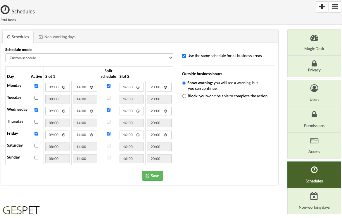 custom employee schedule settings for pet grooming and dog training in Gespet