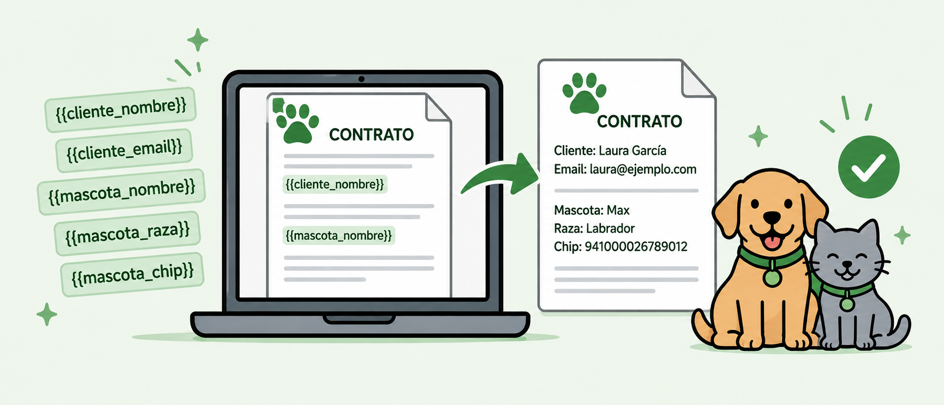 contratos y documentos para negocios de mascotas con datos que se rellenan automáticamente