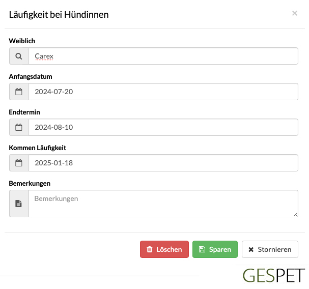 Software für die Kontrolle der Läufigkeit von Hündinnen