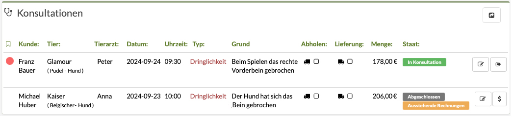 Tierarzttermine und Konsultationen