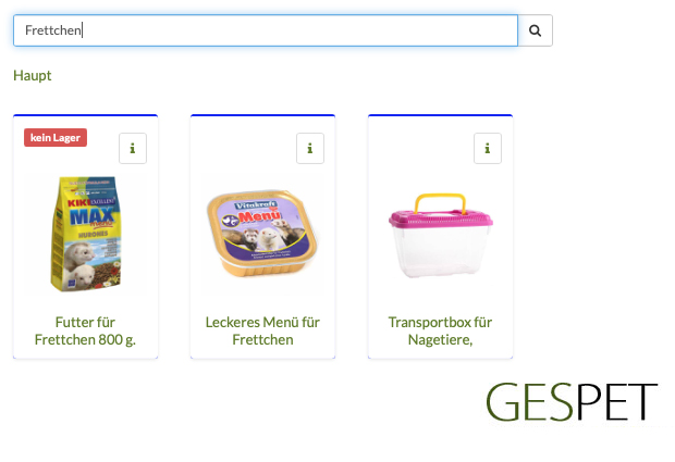 Tierhandlung Software Kategorien und Produktsuche