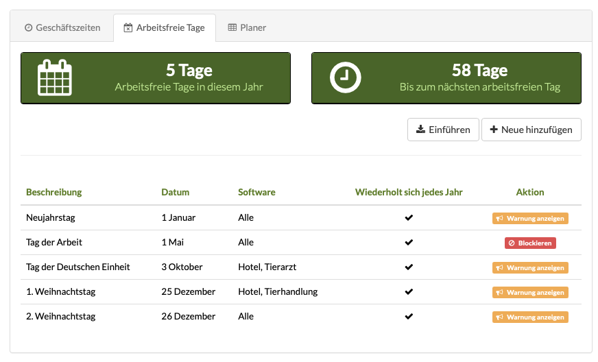 Verwaltung von Feiertagen und Schließtagen für Betriebe der Heimtierbranche