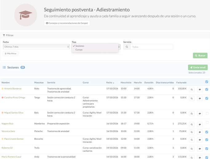 informe de seguimiento postservicio para adiestradores