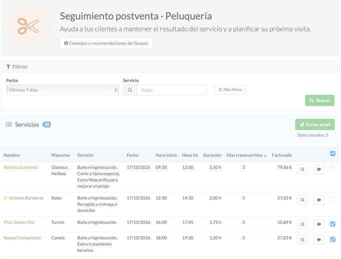 informe de seguimiento postservicio para peluquerias caninas