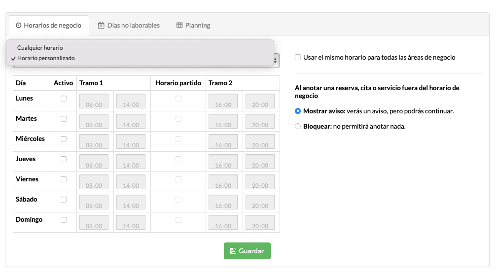 software para configurar horarios de negocio, horarios partidos, festivos y días no laborables en negocios de mascotas
