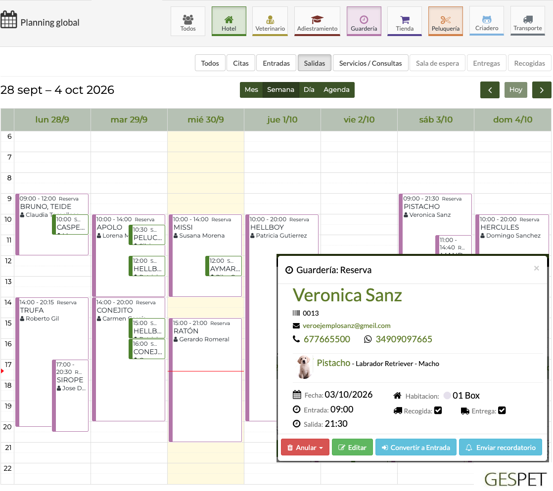 Planning global de Gespet con citas, reservas y servicios de un negocio de mascotas