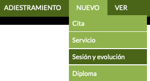 menú para añadir sesiones y evolución en adiestramiento canino
