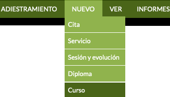 menú para vender un nuevo curso de adiestramiento canino en el software