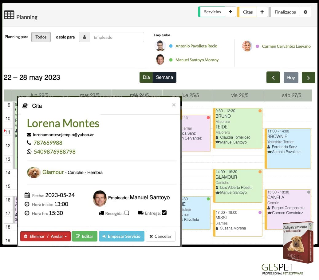 planning semanal para adiestradores caninos con citas, servicios y agenda por empleado
