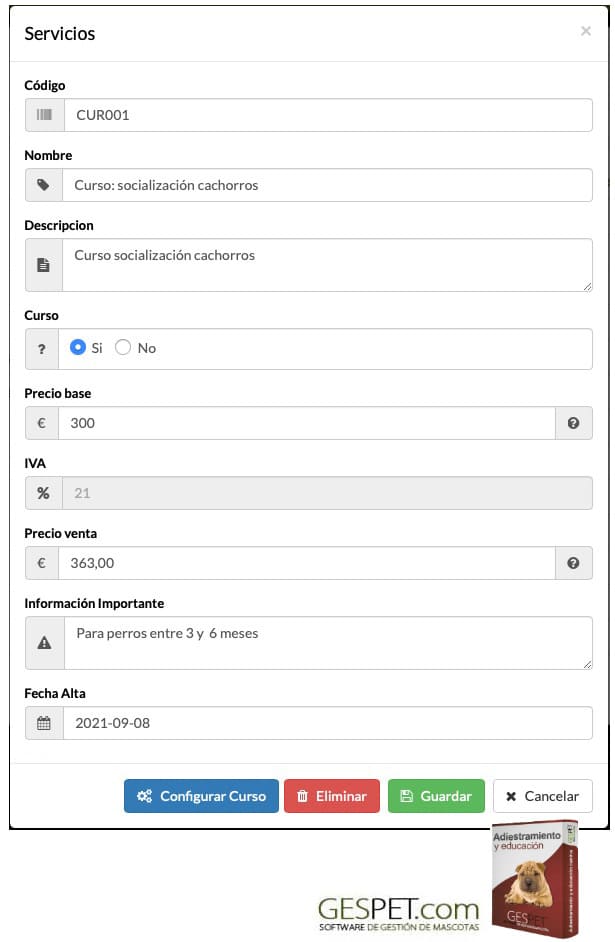 configuración de cursos de adiestramiento canino con sesiones y tarifas en Gespet