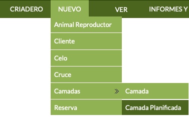 menú para crear camadas planificadas y reservas de cachorros