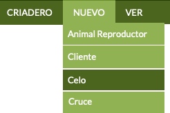 menú para registrar celos de hembras reproductoras en Gespet Cría
