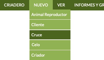 menú para registrar cruces entre reproductores caninos