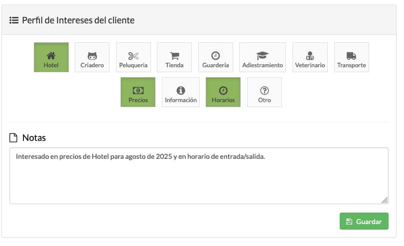 CRM de clientes potenciales con intereses para hoteles guarderías peluquerías y clínicas de mascotas
