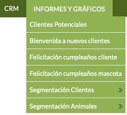 menú de informes CRM para segmentar clientes y mascotas