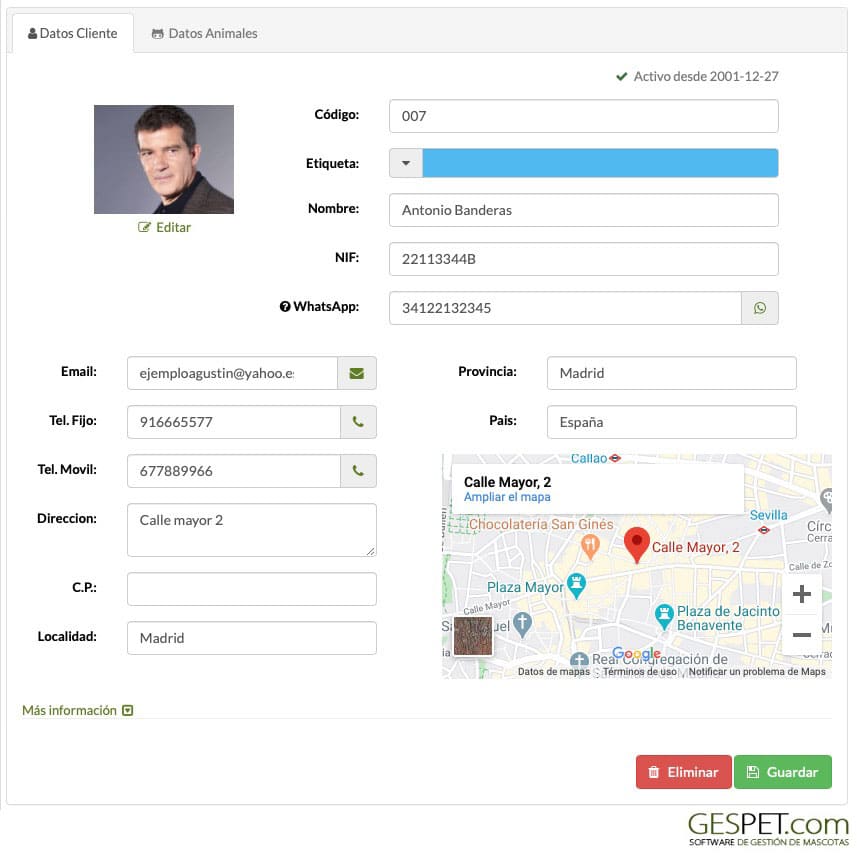 ficha de cliente y perros en software para adiestradores caninos
