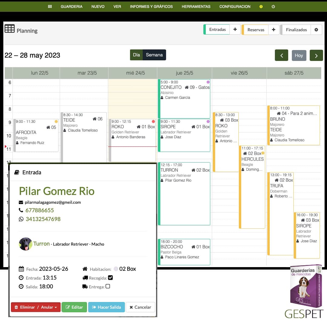 planning de ocupación para guardería canina, felina y de mascotas