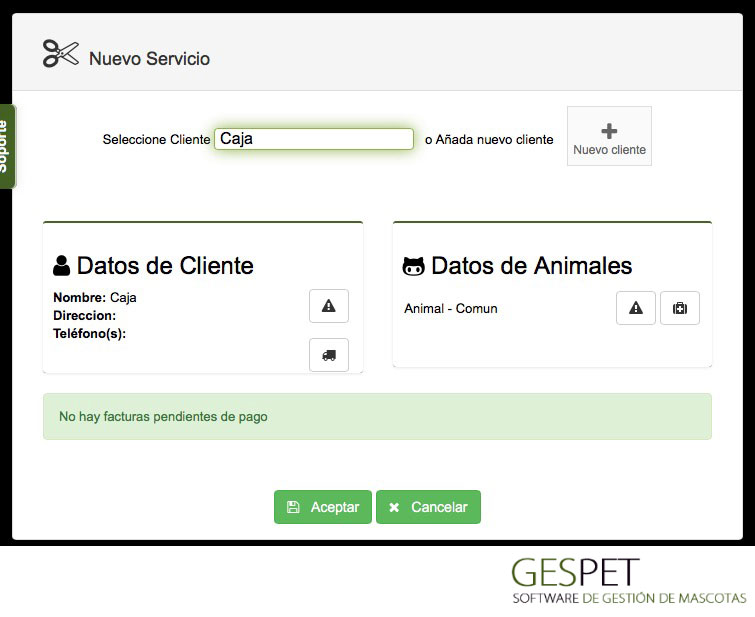 servicio de peluquería de mascotas asociado a cliente caja
