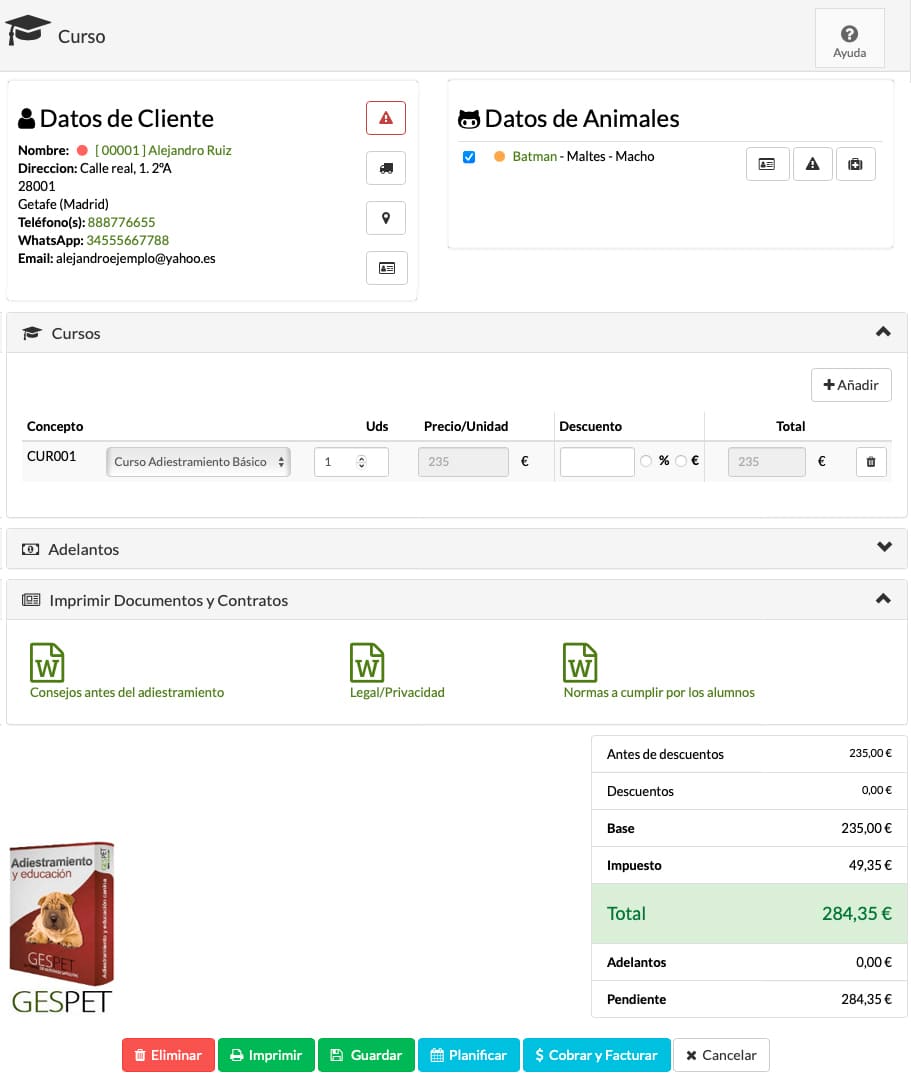 vender curso de adiestramiento canino con precio, cliente, perro y pago adelantado