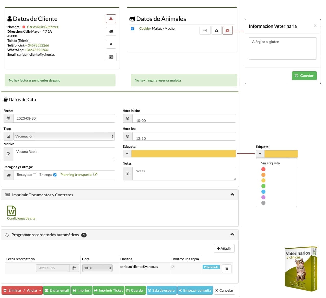 agenda de citas veterinarias y recordatorios para clínicas veterinarias