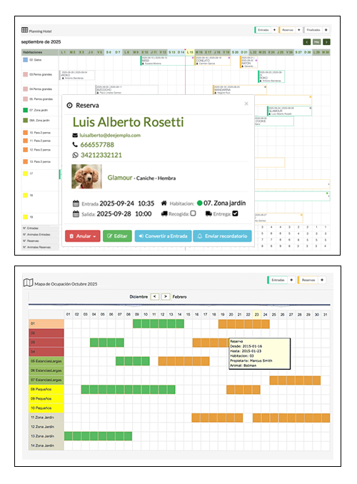 planning de ocupación y mapa de habitaciones para hotel canino