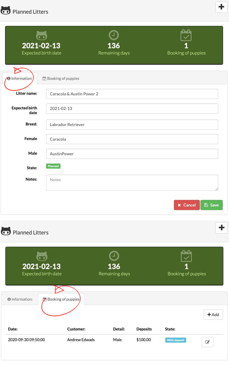 App for breeders: mating, heat, planned litters and puppies screenshot for dog breeding and pedigree software