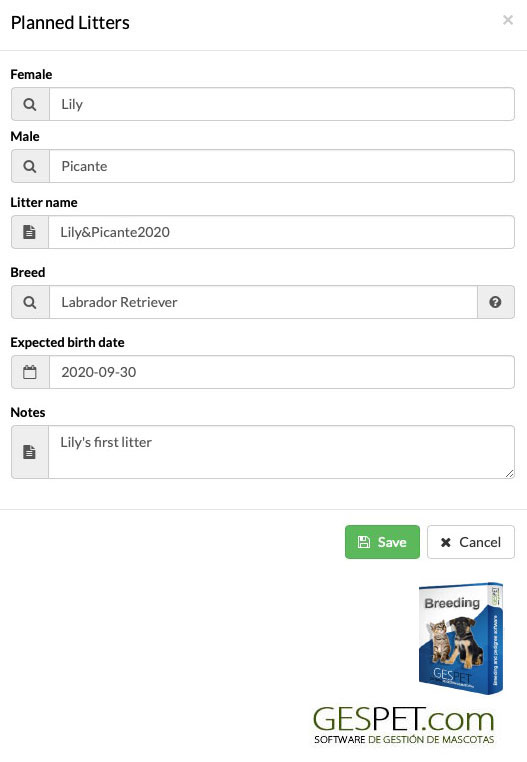 App for breeders: mating, heat, planned litters and puppies screenshot for dog breeding and pedigree software