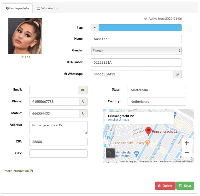 employee profile with contact details, address and work information in pet business software