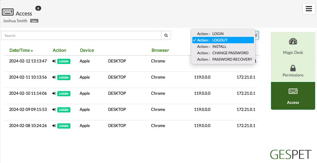 Gespet: training and help screenshot for employee access control and security software for pet businesses