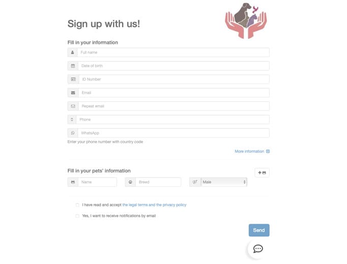 pet business client signup form
