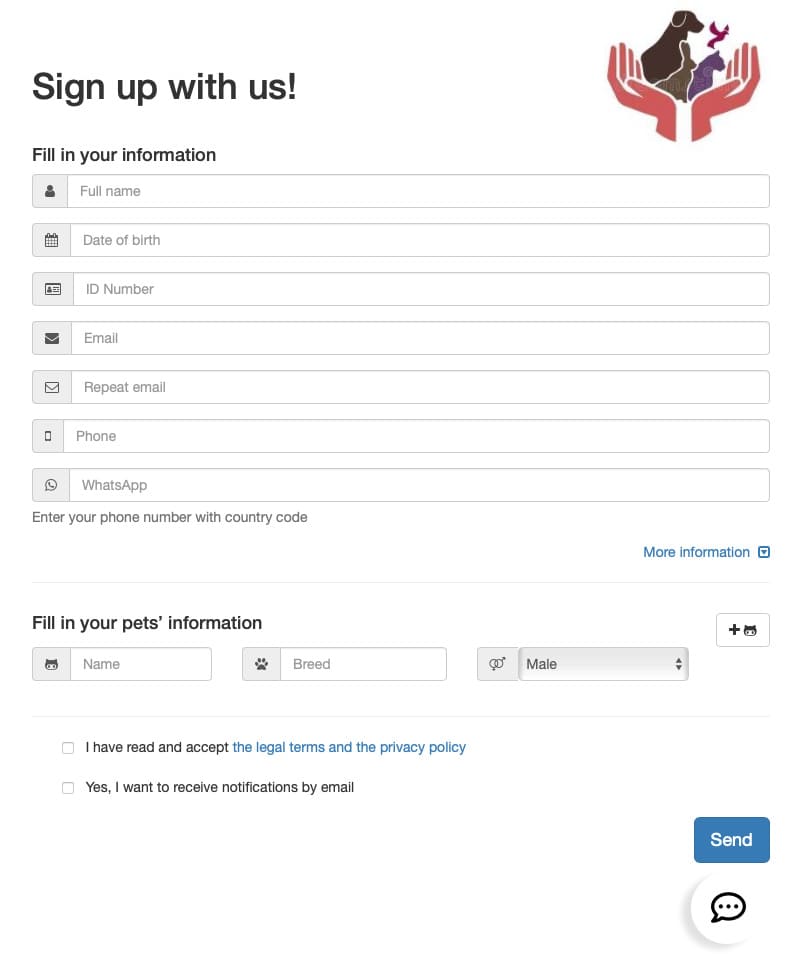 pet business client signup form