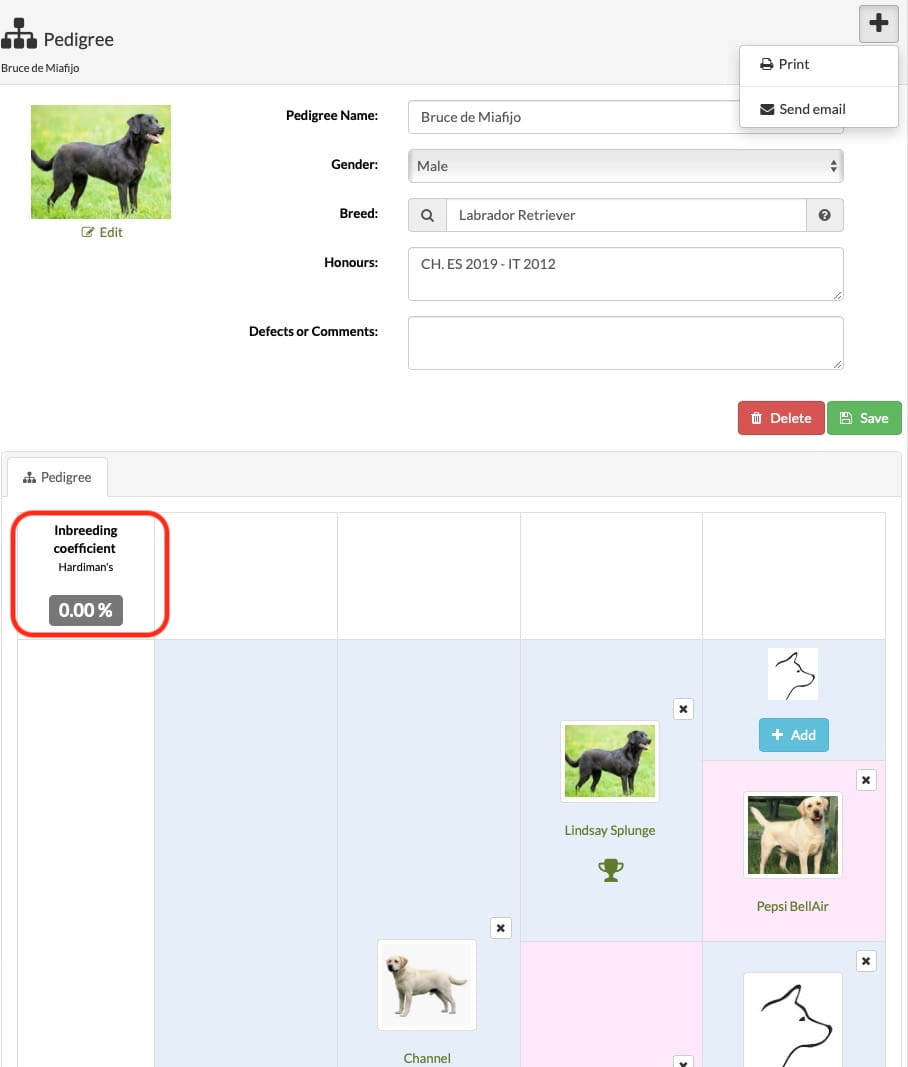 Pedigree software - inbreeding coefficient calculator screenshot for dog breeding and pedigree software