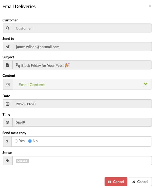 Mailing. Send emails to multiple customers screenshot for WhatsApp, email and message templates for pet businesses