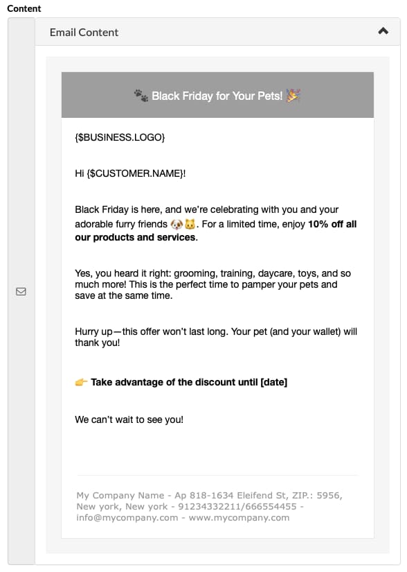 Mailing. Send emails to multiple customers screenshot for WhatsApp, email and message templates for pet businesses