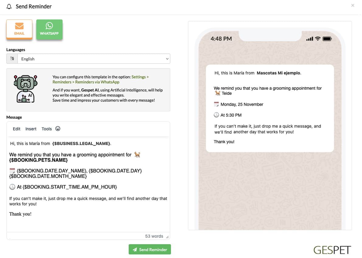 pet daycare reminder template configuration