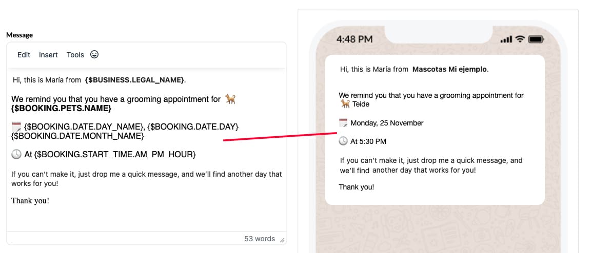 Send messages, emails and WhatsApp to your customers to remind them of their pets screenshot for WhatsApp, email and message templates for pet businesses