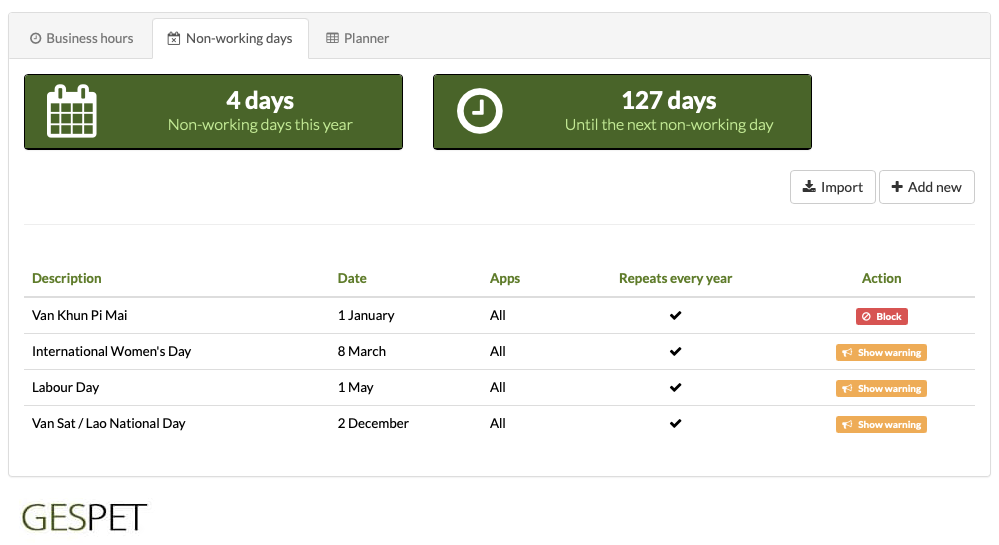 appointment and online booking availability for pet businesses with business hours and non-working days