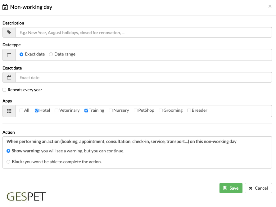 working calendar settings for pet businesses with unavailable days, holidays and schedule rules