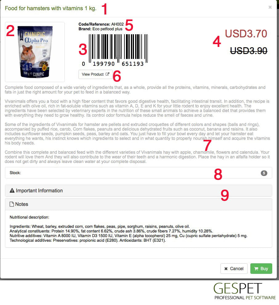 informações do produto do software POS