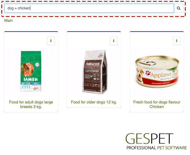 pesquisa combinada de produtos do software pet store