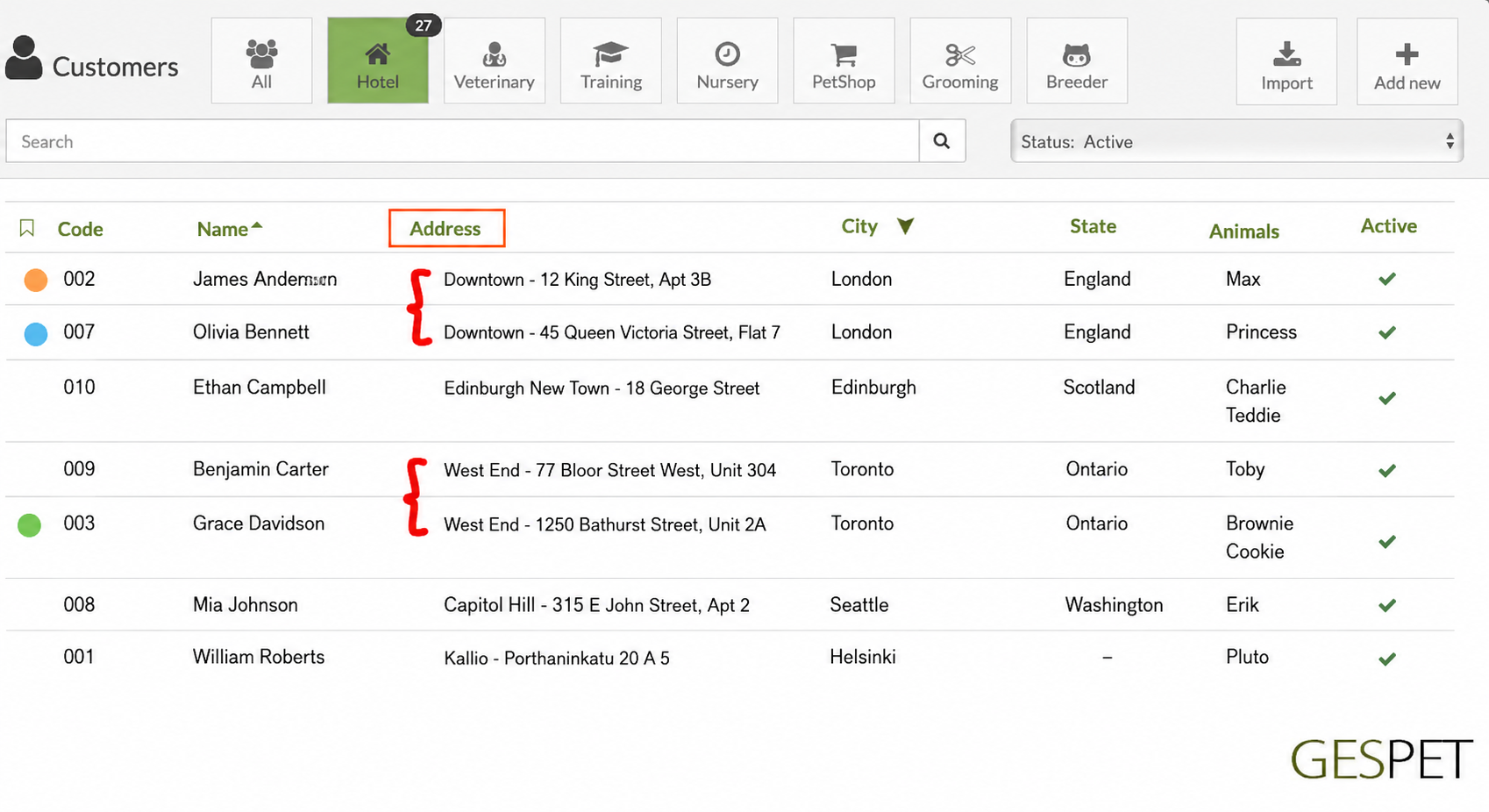 mobile veterinary software for home visits and clients grouped by area