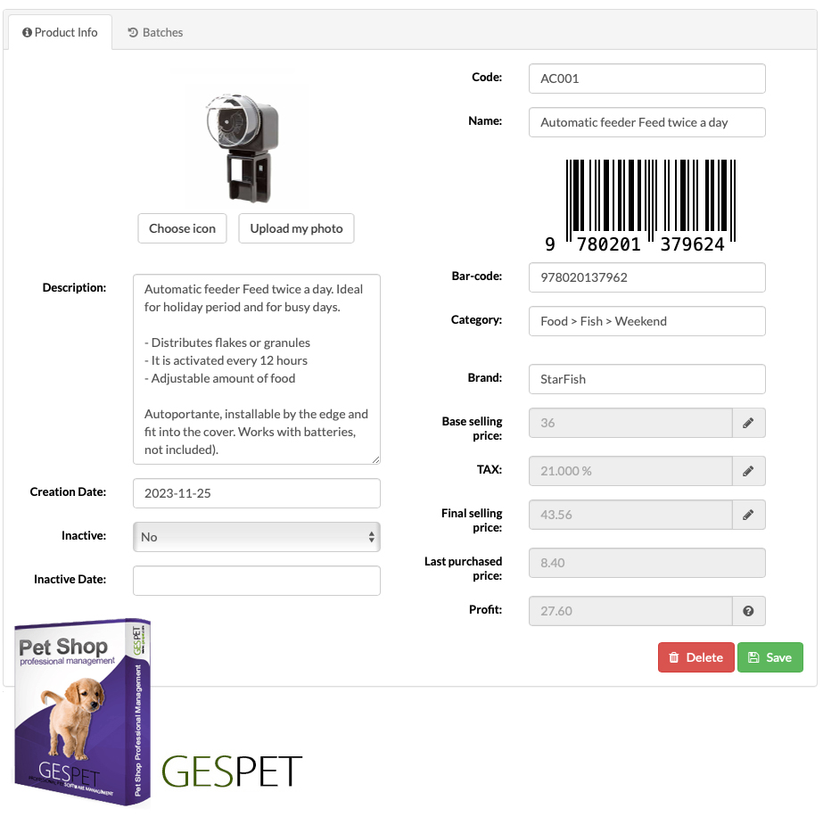 petshop software product information and barcode