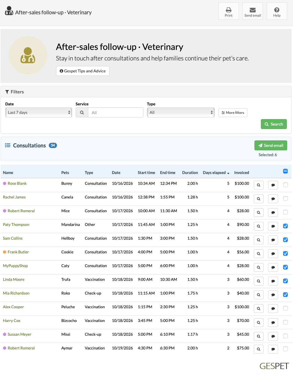 Veterinary consultation report for selecting clients to contact after a visit