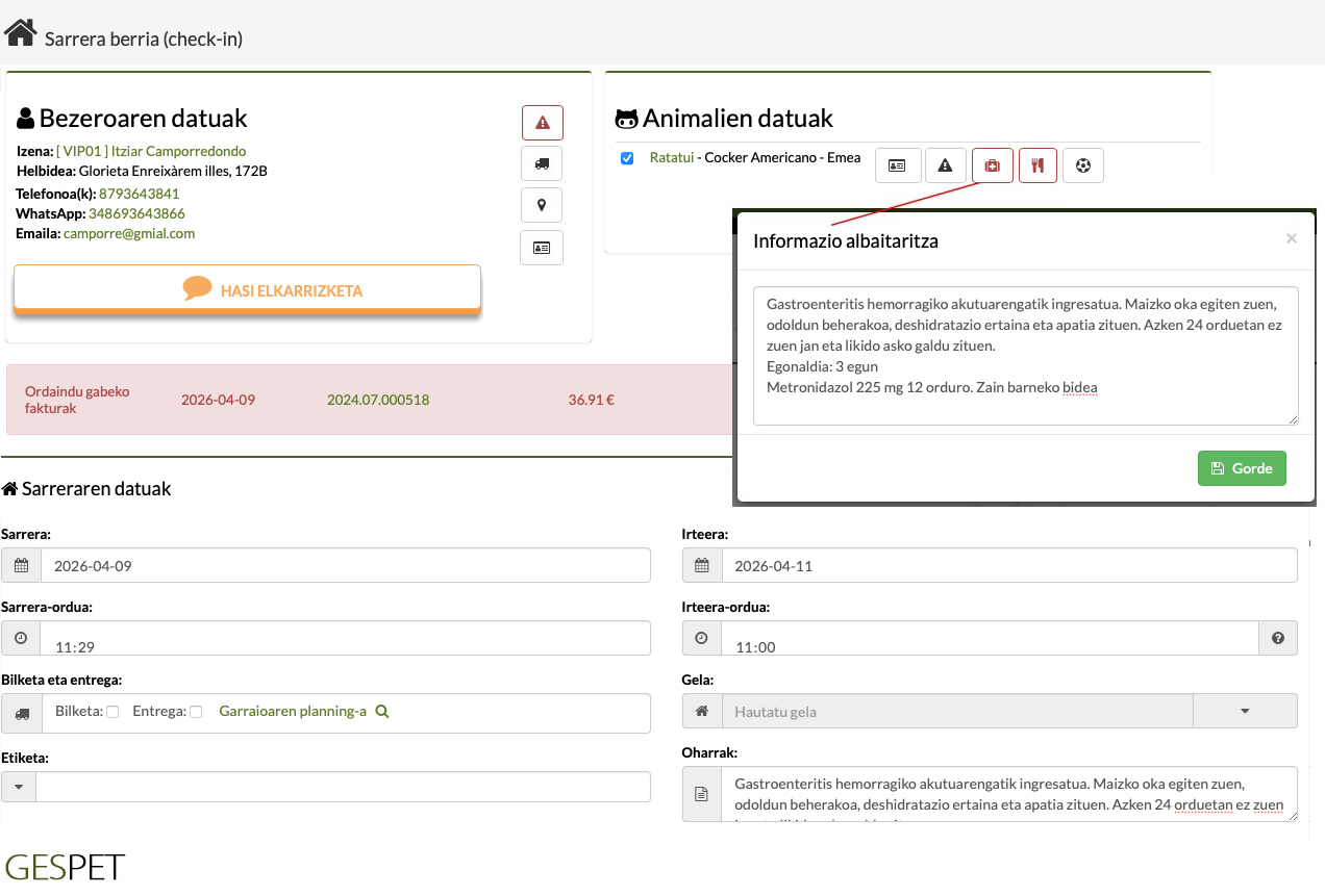 ospitaleratze klinikoko ohar eta tratamenduen jarraipena
