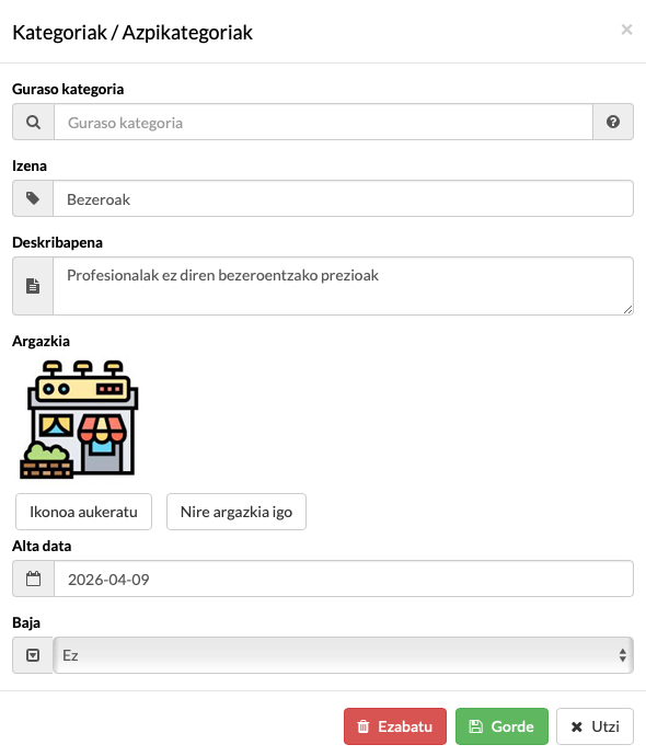 maskota dendako handizkako prezioen kategoriak konfiguratzeko softwarea