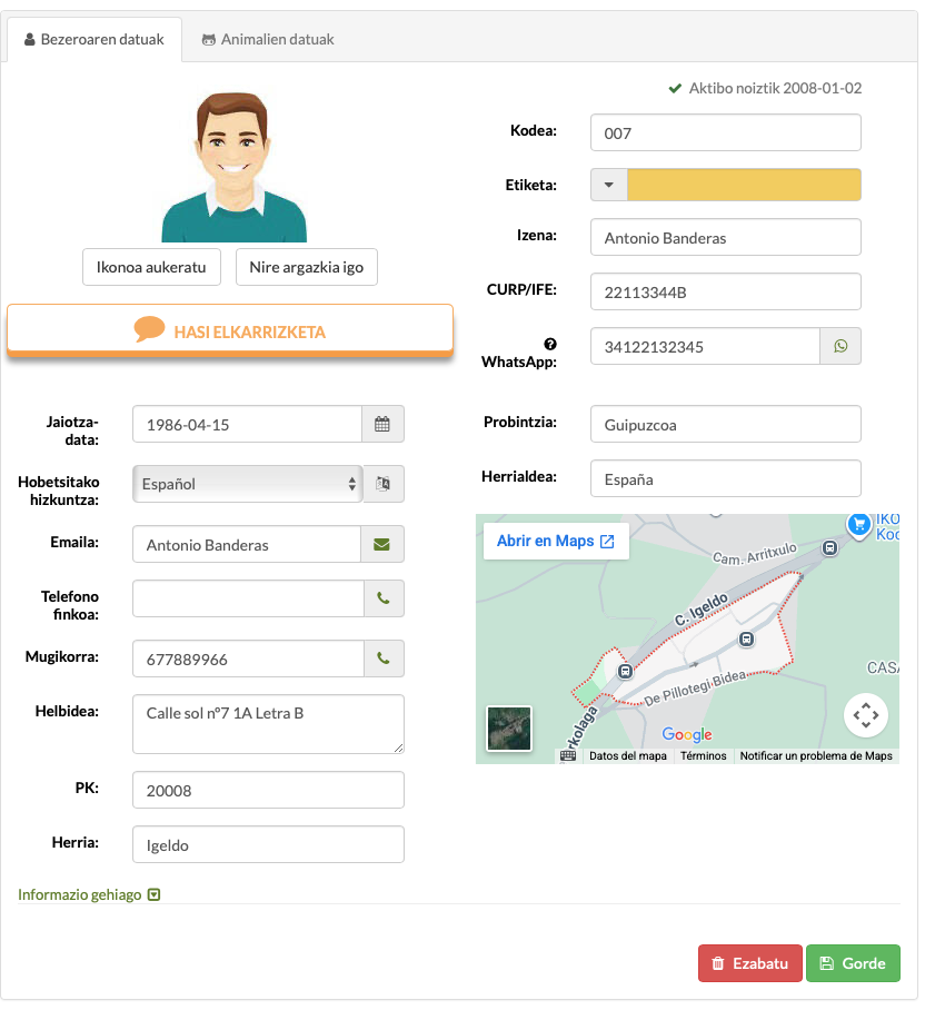 txakurren programa bezero fitxa