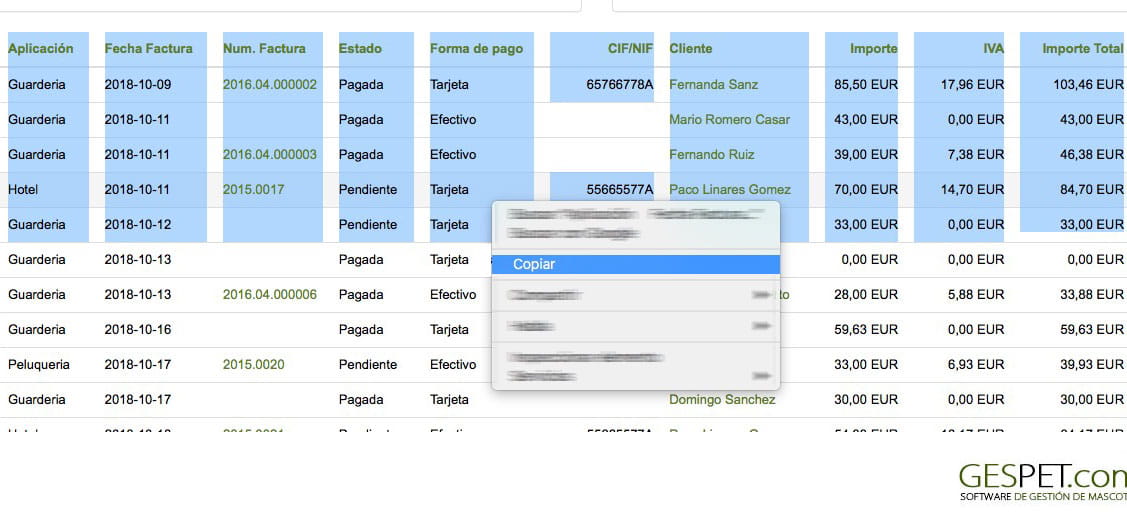 Maskoten negozioko datuak esportatu