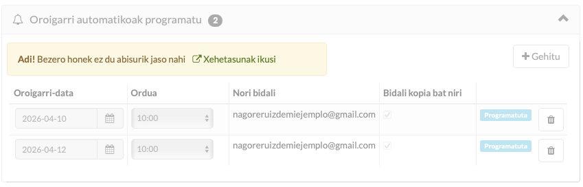 maskoten hitzordu-oroigarri automatikoa bezeroei bidaltzea