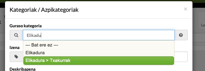 maskoten dendarako softwarean produktu azpikategoriak antolatzea