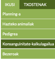 txakur-haztegiko softwarean odol-hurbiltasunaren kalkulagailua irekitzeko menua